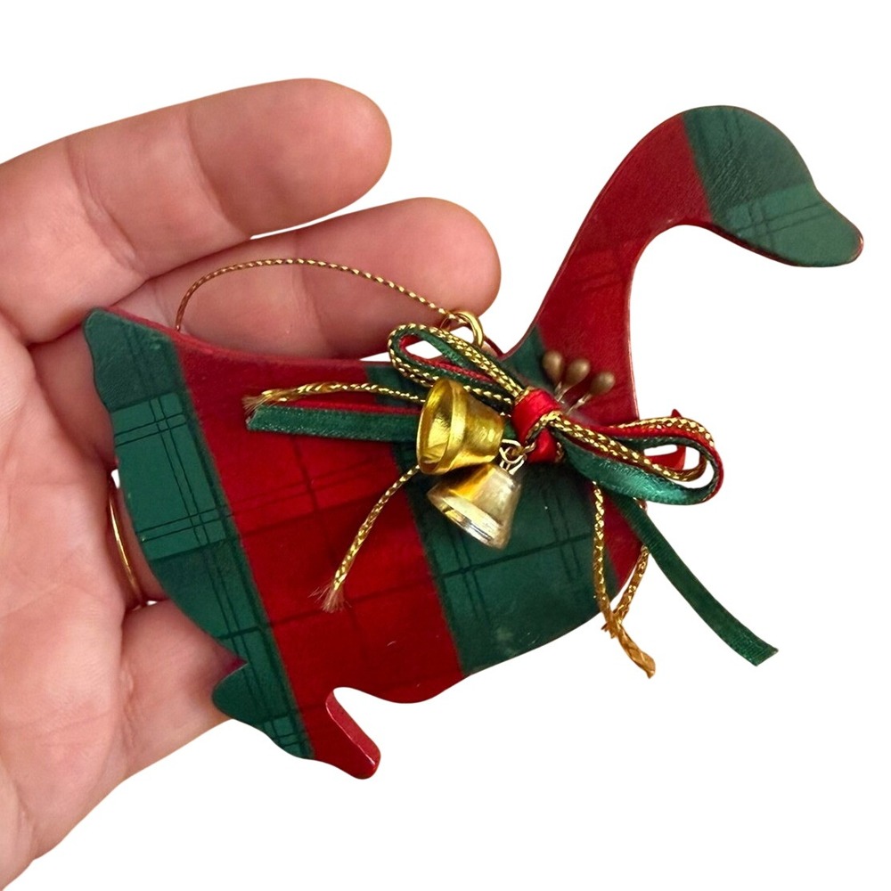 Vintage Style Wood Goose Christmas Ornament Red Green Plaid Jingle Bells Bow